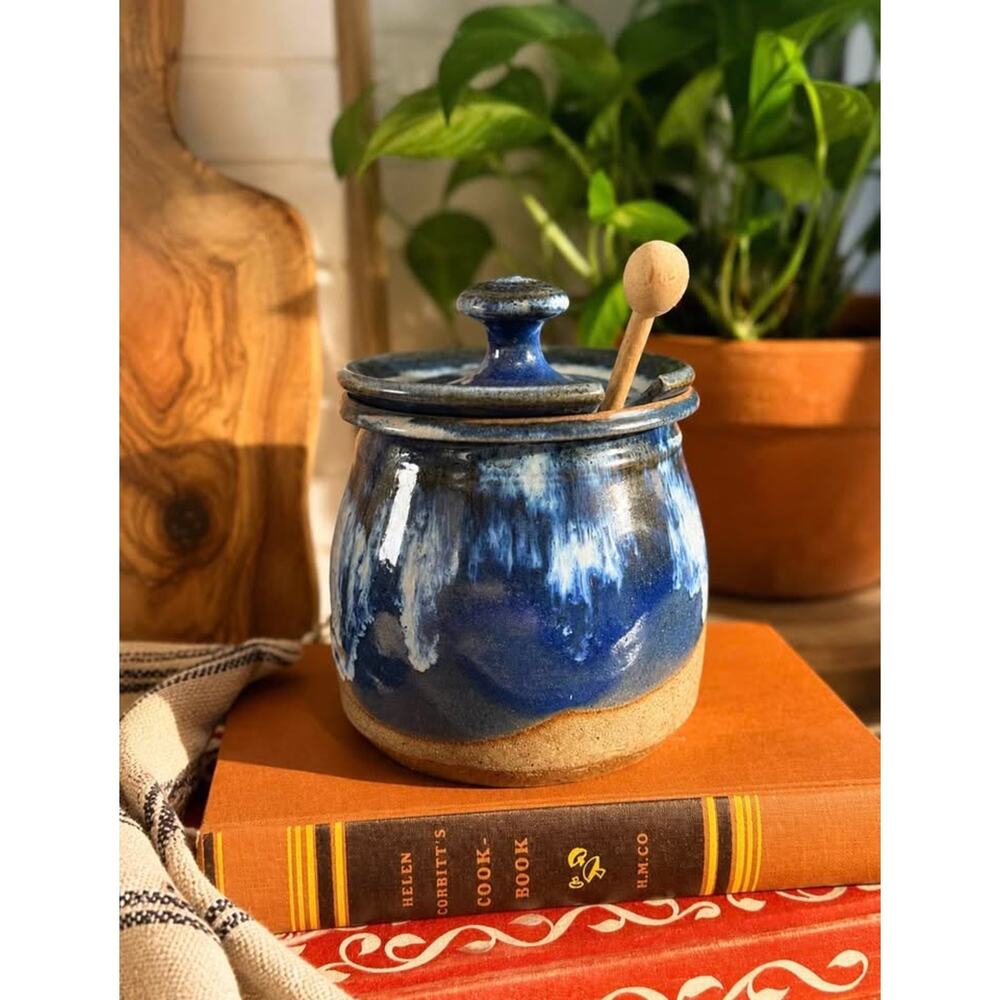 Vintage Stoneware Honey Pot w Lid & Honey Dipper Blue Drip Glaze Studio Pottery